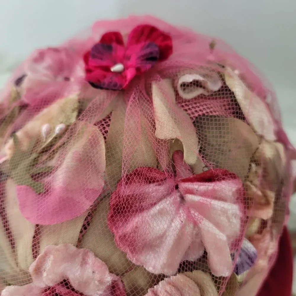 Vintage 1950s originals by Lee Bury of Dallas flower mesh and velvet hat pink - Picture 4 of 11